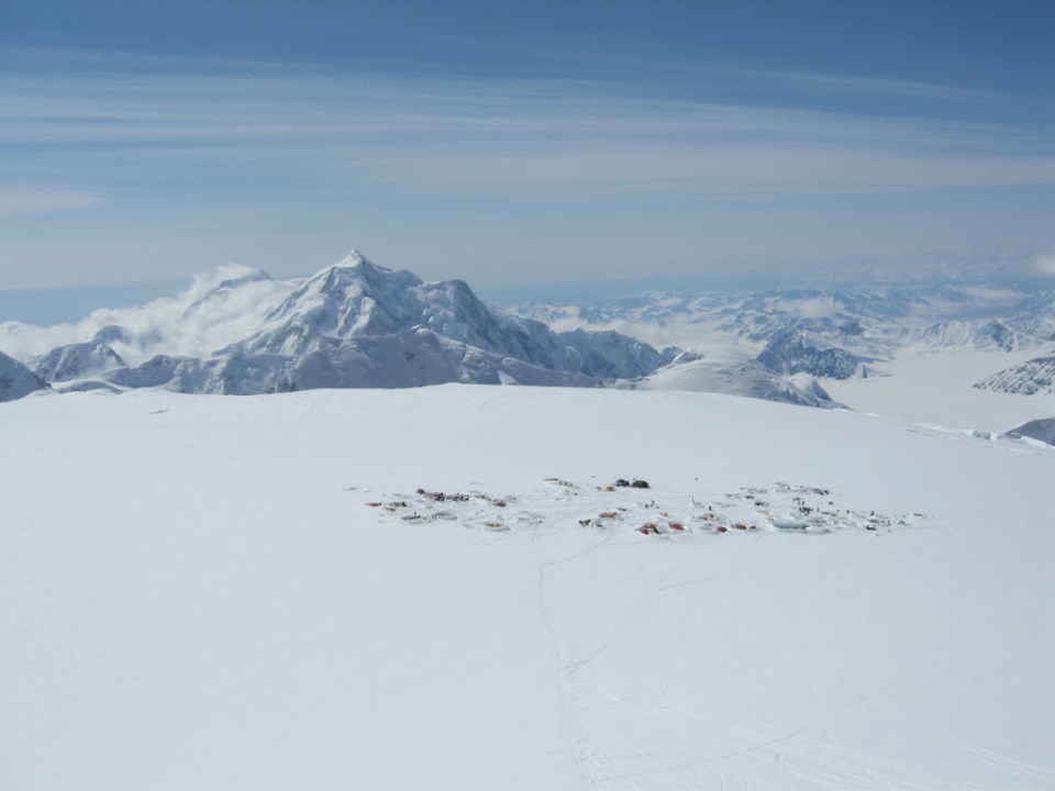 Looking down on Camp 4 - Mount Hunter in the background