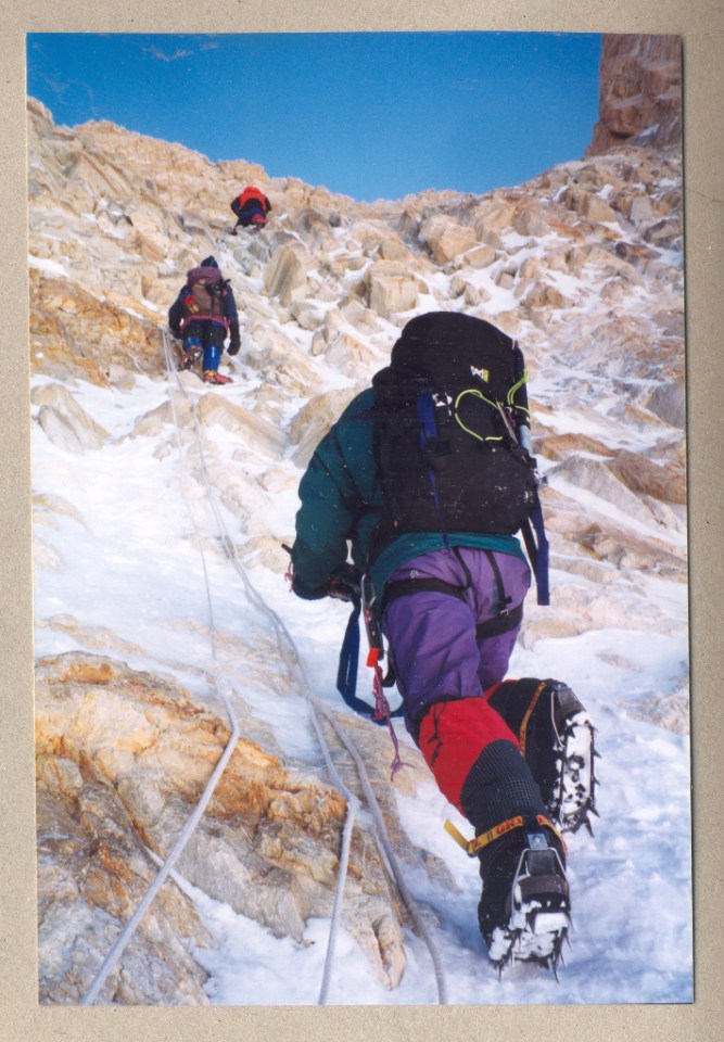 Mixed ground and old fixed rope on Khan Tengri