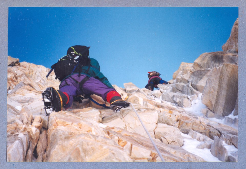 Mixed ground and old fixed rope on Khan Tengri