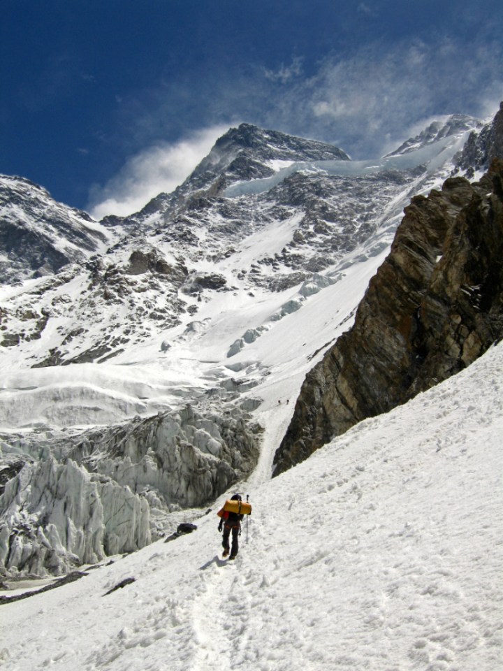 Fixed ropes started in the steep gully