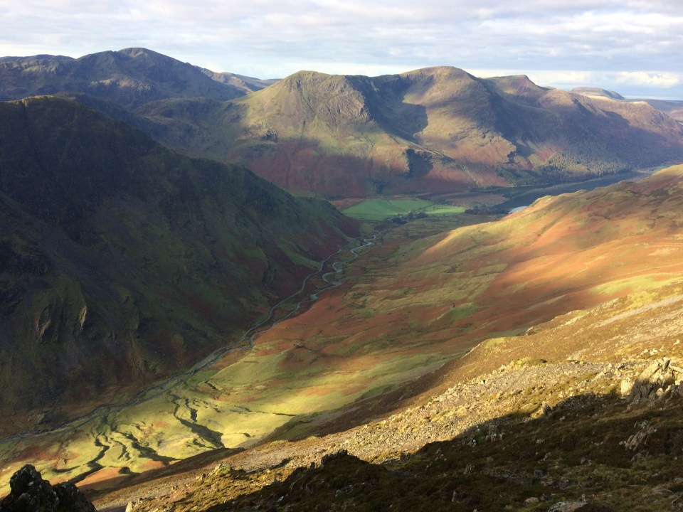 View from Hindscarth Edge looking down to the Honister Pass road