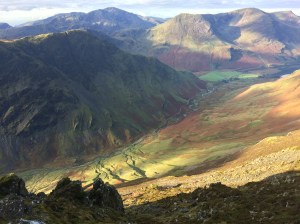 View from Hindscarth Edge looking down to the Honister Pass road