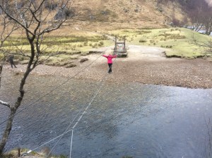 The three-wire bridge near Steall Waterfall in Glen Nevis