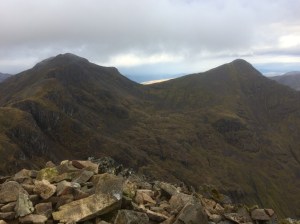 From Stob Coire Sgeamhach the route heads for Bidian nam Bian (the peak on the left) and then does an "out and back" to Stob Coire nan Lochan (the peak on the right) before continuing on to Stob Coire nan Beith