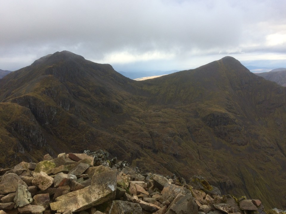 From Stob Coire Sgeamhach the route heads for Bidian nam Bian (the peak on the left) and then does an "out and back" to Stob Coire nan Lochan (the peak on the right) before continuing on to Stob Coire nan Beith