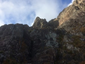 Easy scrambling leads to the base of Rannoch Wall and the steep crux pitch of Curved Ridge