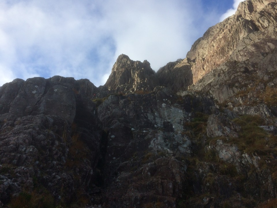 Easy scrambling leads to the base of Rannoch Wall and the steep crux pitch of Curved Ridge