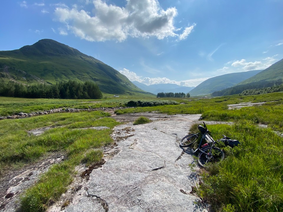 Rock slab section approaching Glenkinglass Lodge with Meall Garbh on the left
