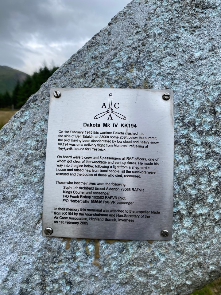 The crashed Dakota memorial inscription